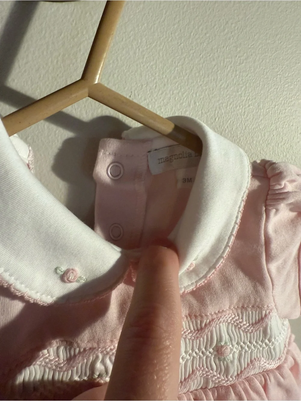 Magnolia Baby Girls Pink Short Sleeve Smocked Dress with Peter Pan Collar
